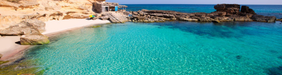 Formentera Es Calo des Mort beach turquoise Mediterranean at Mitjorn of balearic islands